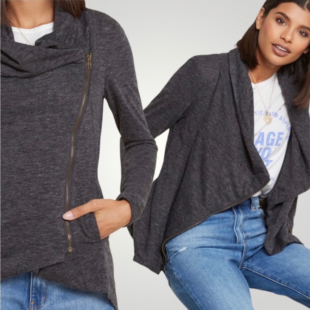 Sweet Rain Womens Asymmetrical Zipper Grey Knit Lightweight Sweater Jacket M